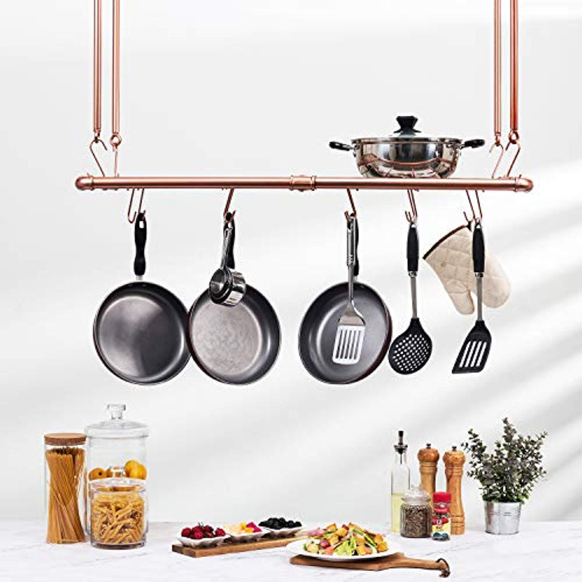 Ceiling Mounted Frying Pan Rack Copper Tone Industrial Pipe Kitchen Ceiling Hanging Pot & Pan Rack