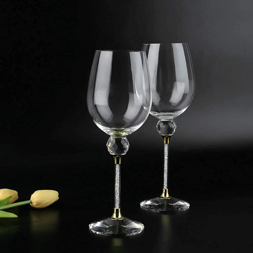Rhinestone Studded Wine Glasses 16 Ounces Set of 2 Wine Savant, Gold and Laser Cut Sparkling Wine Wedding Glasses, Elegant Crystal - For Everyday, Weddings, Parties - EK CHIC HOME