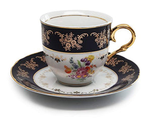 Royalty Porcelain 17pc Flower-PatternedTea Set, 24K Gold-Plated Original Cobalt Tableware, Service for 6 - EK CHIC HOME