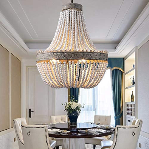Rustic Wood Beads Large Chandelier Vintage 3-Light Gray White Pendant - EK CHIC HOME