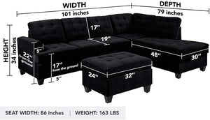 3 Piece Modern Reversible Sectional with Chaise and Ottoman - EK CHIC HOME