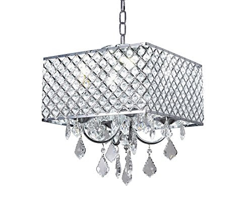 4-Light Chrome Finish Square Metal and Crytal Shade Crystal Chandelier - EK CHIC HOME