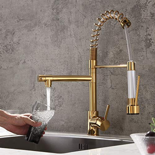 Luxury Single Hole Pull Out Spring Sprayer Dual Spout Kitchen Faucet Solid Brass - EK CHIC HOME