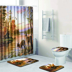 4 Piece Bathroom Set,Animal Lion Waterproof Shower Curtain Non-Slip Contour Rug Toilet Lid Cover and Bath Mat - EK CHIC HOME