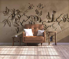 Load image into Gallery viewer, 3D Embossed Floral Wallpaper Cement Blossom Sculpture Bird Wall Art Minimalist - EK CHIC HOME