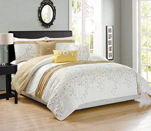 Joy 6 Pieces Ivory/Gold Tree Branches Embroidery Design Bedding Comforter Set - EK CHIC HOME