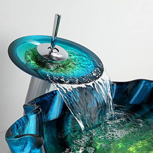 Blue&Green Seashell Wave Tempered Glass Vessel Sink & Waterfall Faucet Set - EK CHIC HOME