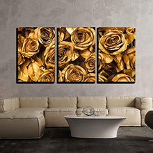 Load image into Gallery viewer, 3 Piece Canvas Wall Art - Golden Fabric Roses Background - Stretched and Framed Ready to Hang - 24&quot;x36&quot;x3 Panels - EK CHIC HOME