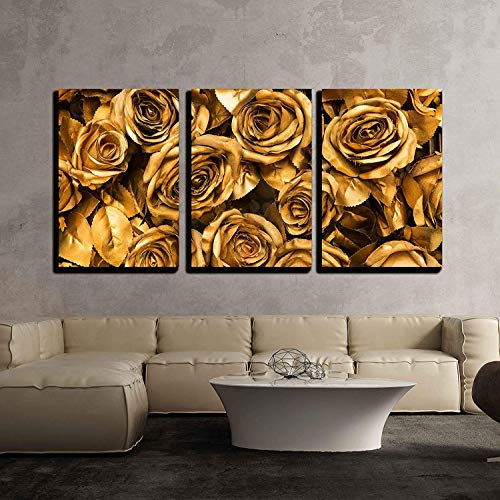 3 Piece Canvas Wall Art - Golden Fabric Roses Background - Stretched and Framed Ready to Hang - 24