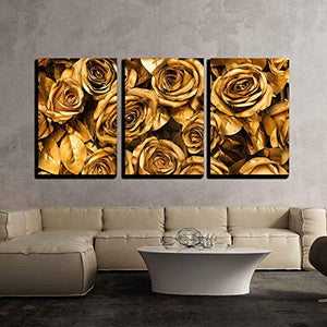 3 Piece Canvas Wall Art - Golden Fabric Roses Background - Stretched and Framed Ready to Hang - 24"x36"x3 Panels - EK CHIC HOME