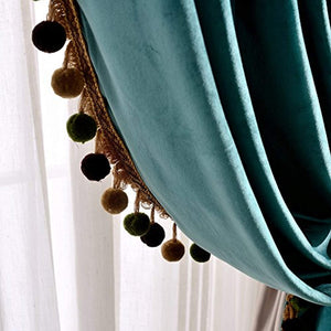 Luxury Pom Poms Velvet Curtains for Bedroom Living Room Thermal Insulated Rod Pocket Drapes, 52x84 Inch - EK CHIC HOME