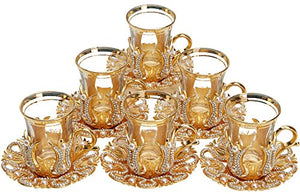 (Set of 6) Turkish Tea Glasses Set with Saucers Holders Spoons, Decorated with Swarovski and Pearl - EK CHIC HOME