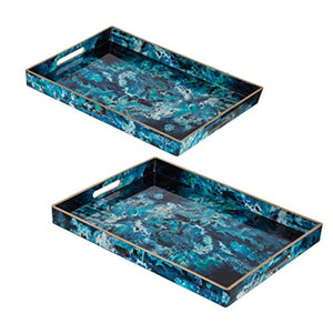 Abstract Blue Rectangular Tray, Set of 2, Multi-Color - EK CHIC HOME