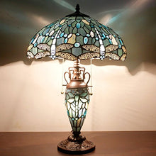 Load image into Gallery viewer, Tiffany Table Lamp 24 Inch Tall 3 Light Pull Chain Sea Blue Stained Glass Dragonfly - EK CHIC HOME