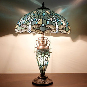 Tiffany Table Lamp 24 Inch Tall 3 Light Pull Chain Sea Blue Stained Glass Dragonfly - EK CHIC HOME