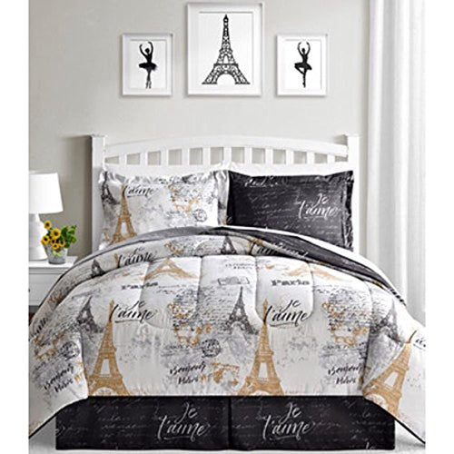 Eiffel Tower, Black, White & Gold Reversible Queen Comforter Set - EK CHIC HOME