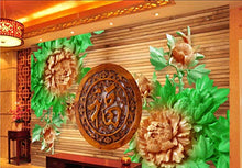 Load image into Gallery viewer, Wall Mural 3D Wallpaper Woodcarving Peony, Green Leaf, Wood Grain  Art - EK CHIC HOME
