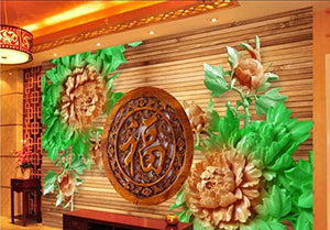 Wall Mural 3D Wallpaper Woodcarving Peony, Green Leaf, Wood Grain  Art - EK CHIC HOME