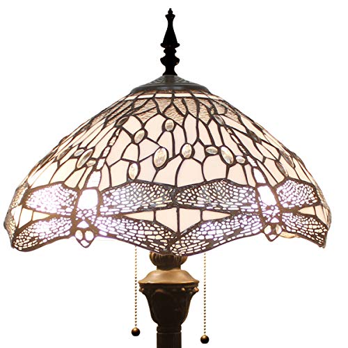 Tiffany Floor Standing Lamp 64 Inch Tall White Clear Stained Glass Shade Crystal Bead Dragonfly - EK CHIC HOME