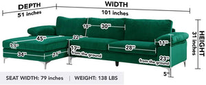 Large Velvet Fabric Sectional Sofa, L-Shape , Emerald - EK CHIC HOME