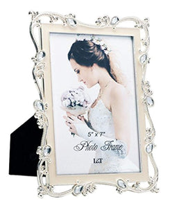 Metal Picture Frame Silver Plated with Cream White Enamel and Jewels 5x7 Inch - EK CHIC HOME