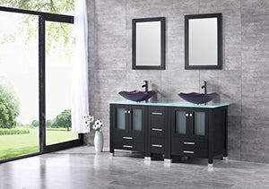 60” Bathroom Double Wood Vanities Cabinet with Mirrors Flower Purple Tempered Glass Vessel Sink Combo Oil Rubbed Bronze Faucet Pop-up Drain - EK CHIC HOME
