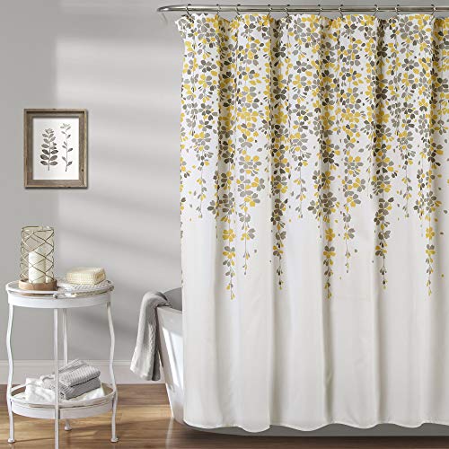 Flower Fabric Bathroom Shower Curtain, Yellow and Gray - EK CHIC HOME