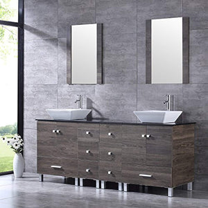 72" Double Wood Bathroom Vanity Cabinet and Square Ceramic Vessel Sink w/Mirror Faucet Combo - EK CHIC HOME