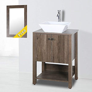 24" Bathroom Vanity Cabinet Brown MDF Wood Texture w/Ceramic Sink, Mirror, Faucet&Drain set - EK CHIC HOME