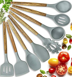 Silicone Cooking Utensils Kitchen Utensil Set - 8 Natural Acacia - EK CHIC HOME