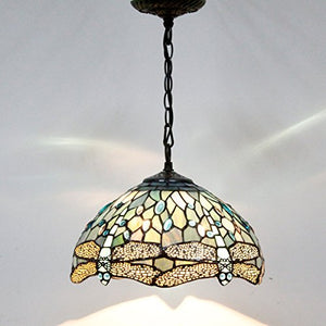 Tiffany Hanging Lamp Crystal Bead Dragonfly 12 Inch Sea Blue Stained Glass - EK CHIC HOME