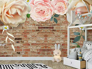 Floral Wallpaper Pink Rose Brick Wall Art Peony Flower  Print Industrial - EK CHIC HOME