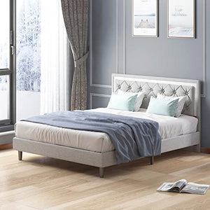 Upholstered Full Size Bed Frame, Platform Bed with Button Tufted Headboard - EK CHIC HOME