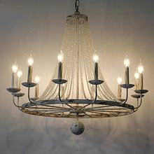 Load image into Gallery viewer, Rustic Vintage Candle Style Crystal Bead Strands Metal Wheel Large Chandelier  (12-Light) - EK CHIC HOME