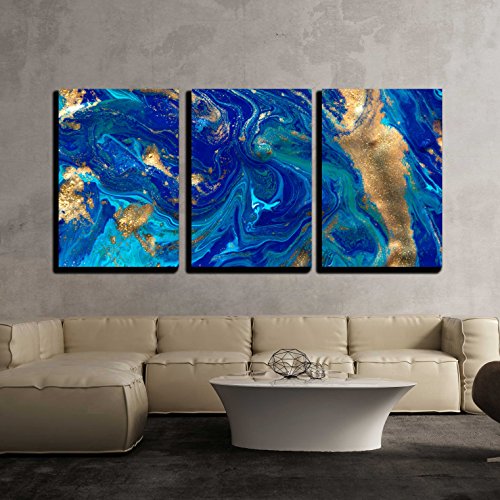 3 Piece Canvas Wall Art - Marbled Blue Abstract Background. Liquid Marble Pattern. Framed Ready to Hang - 24