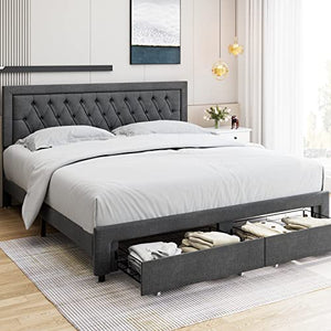 Queen Bed Frame with 2 Storage Drawers, Leather Upholstered - EK CHIC HOME