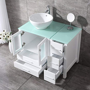 36" White Bathroom Wood Vanity Cabinet Ceramic Vessel Sink Top Faucet Drain Combo with Mirror Vanities Set - EK CHIC HOME