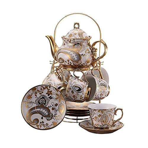 13 Piece European Retro Titanium Ceramic Tea Set With Metal Holder, Porcelain Tea Cups Set - EK CHIC HOME