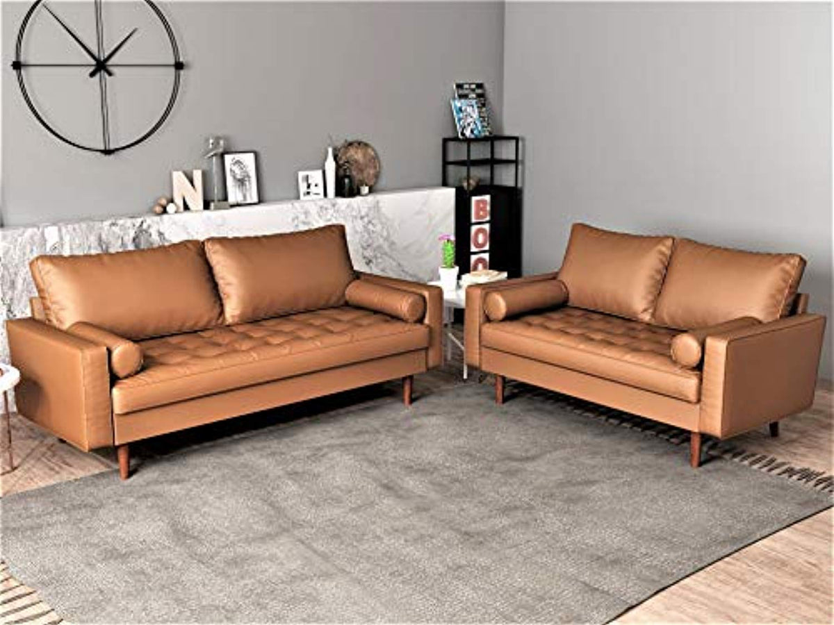 Orion Mid Century Modern Faux Leather Upholstered Sofa Loveseat Set wi