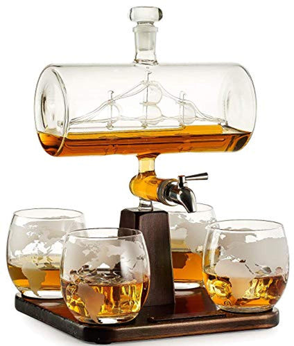 Whiskey Decanter with Antique Ship Set with 4 Globe Glasses - EK CHIC HOME