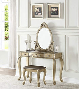 Oval Shape Mirror Vanity Table With Stool Set, Champagne - EK CHIC HOME