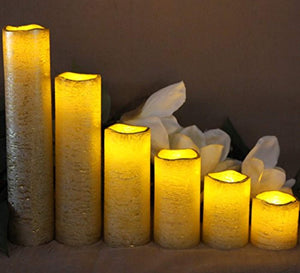 Flameless LED Candles with Timer Slim Set of 6, 2" Wide and 2"- 9" Tall, Gold Coated Wax - EK CHIC HOME