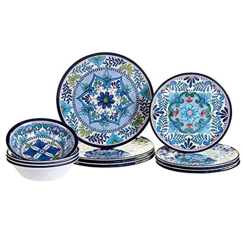 12PC Talavera Melamine 12 pc Dinnerware Set, Service for 4, Multicolored - EK CHIC HOME