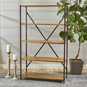 34" Wide Natural Stained Acacia Wood Bookcase with Rustic Metal Finished Iron Accents - EK CHIC HOME