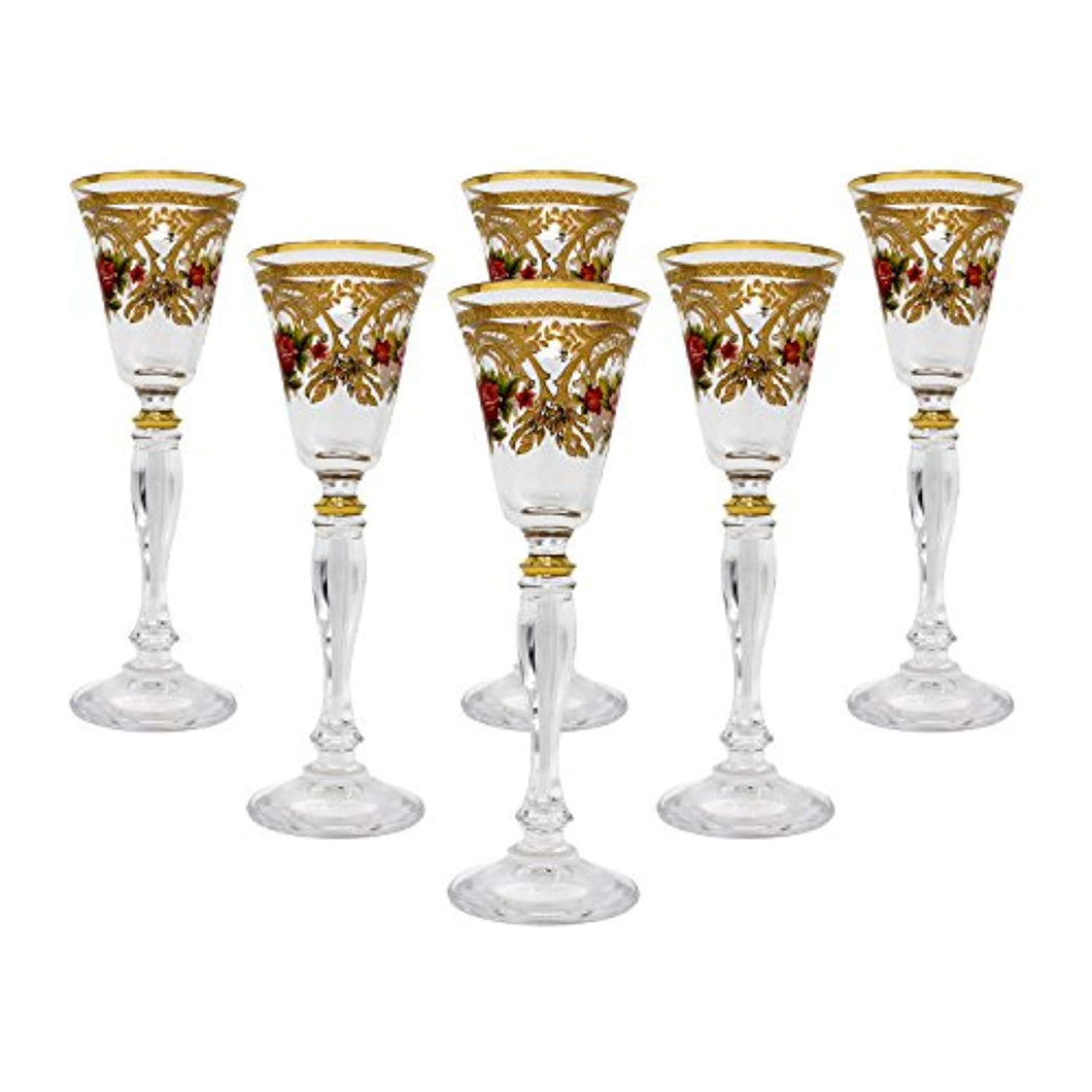 Crystal Set of 6 Bohemian Handcrafted Hand Painted 24K Gold/Floral Design - EK CHIC HOME
