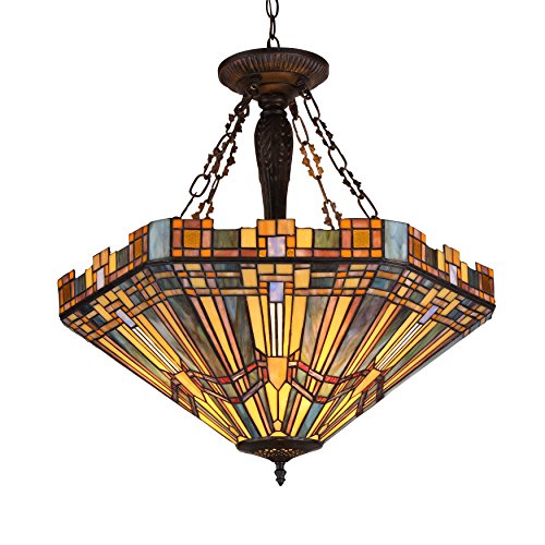 Tiffany Saxon, Tiffany-Style 3 Light Mission Inverted Ceiling Pendant Fixture 24