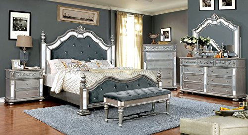 Glamorous  Silver Padded Fabric Eastern King Size Bed Tufted Matching Dresser Mirror Nightstand Formal Bedroom Furniture 4pc Set - EK CHIC HOME