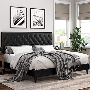 Queen Size Upholstered Platform Bed Frame with Button Tufted Headboard - EK CHIC HOME