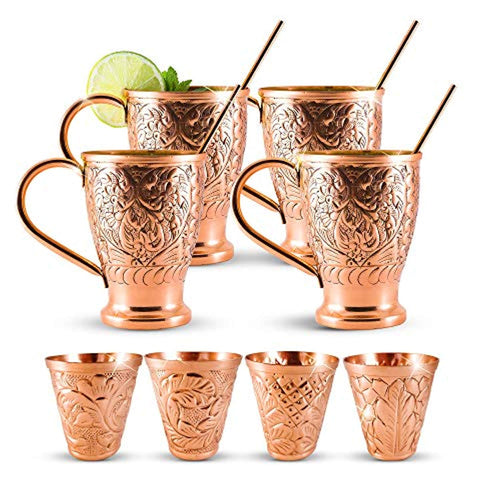 Embossed Moscow Mule Copper Bundle - Includes 4 Copper Mugs and Matching Shot Glasses - EK CHIC HOME
