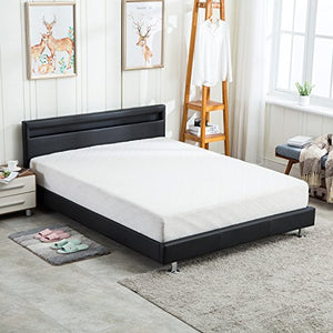 Modern Full Bed Metal Frame Contemporary Upholstered Black Leather Wood Slat Platform - EK CHIC HOME
